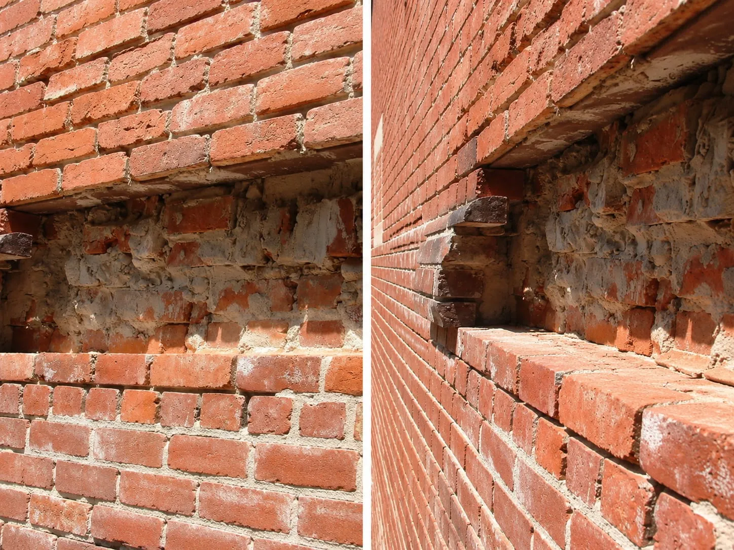 Close-up of a historic brick wall with the deteriorated mortar bed raked out, shown beside the rebuilt corbelled coursing