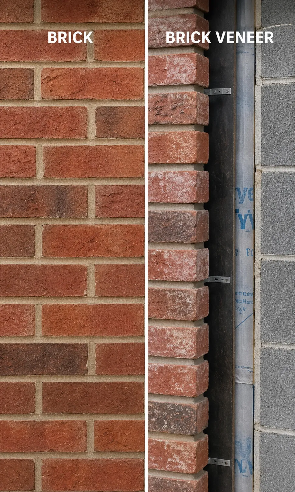 Side-by-side comparison labelled Brick and Brick Veneer: a solid brick wall beside a thin brick facing tied back to a block backing wall