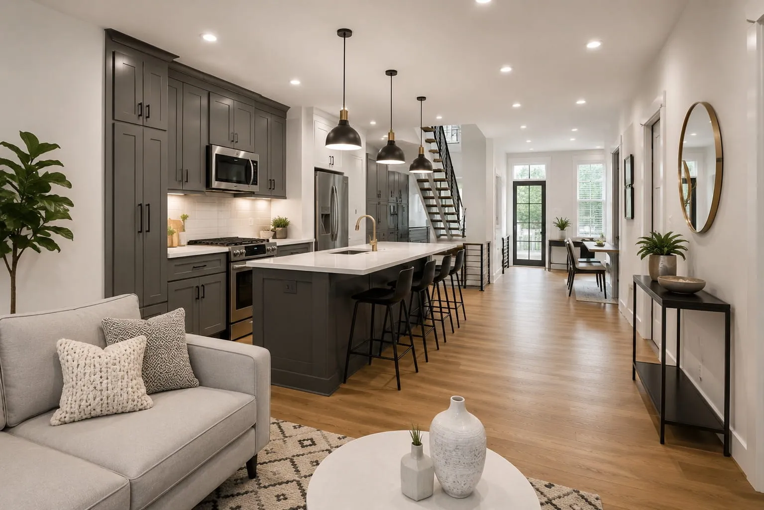 Open-plan living, kitchen and dining space inside a finished Washington DC conversion unit