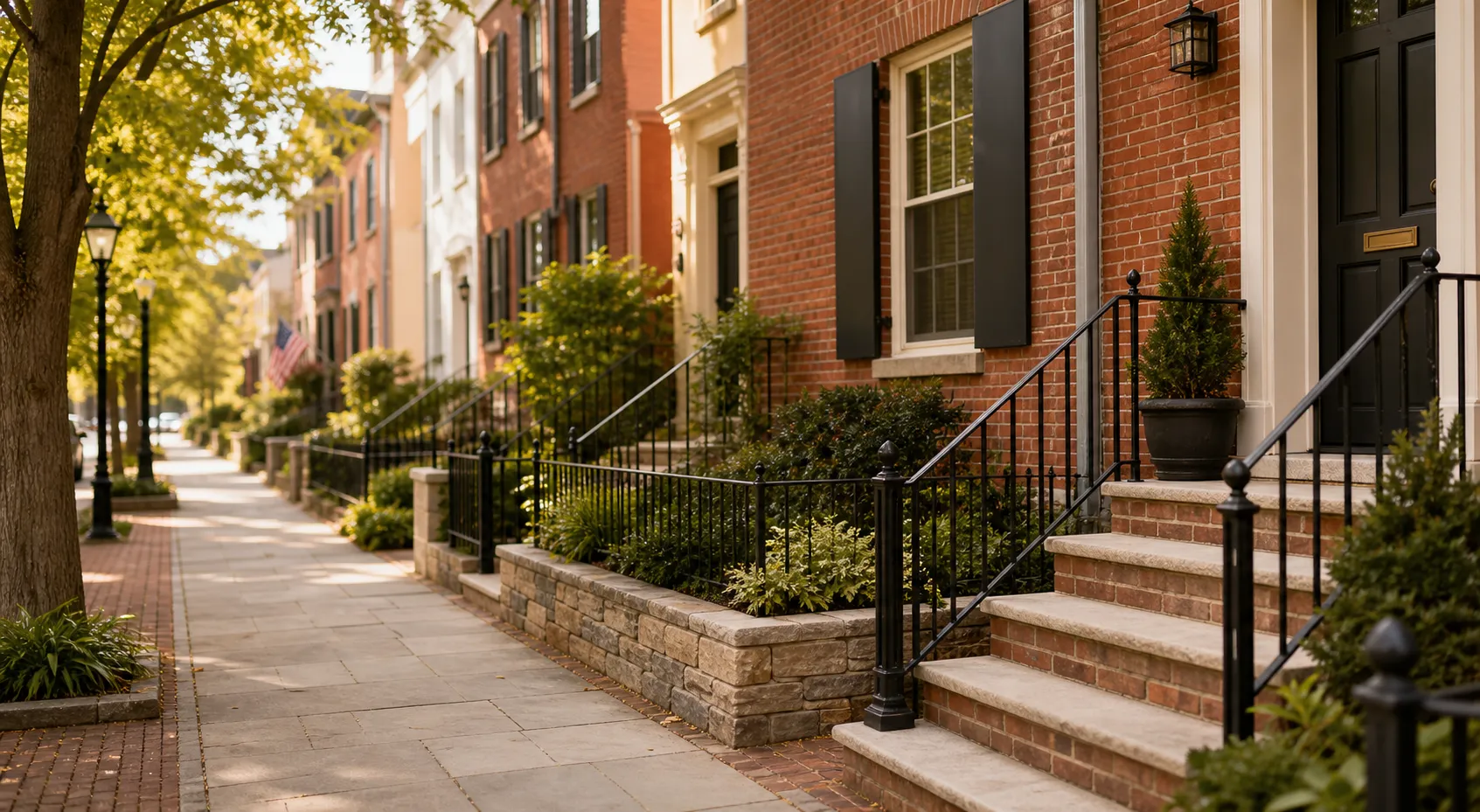 Concrete sidewalk poured along a Washington DC rowhouse