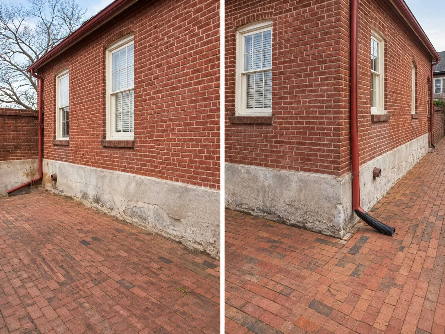 Before and after views of a historic brick elevation with its parged stone foundation repaired
