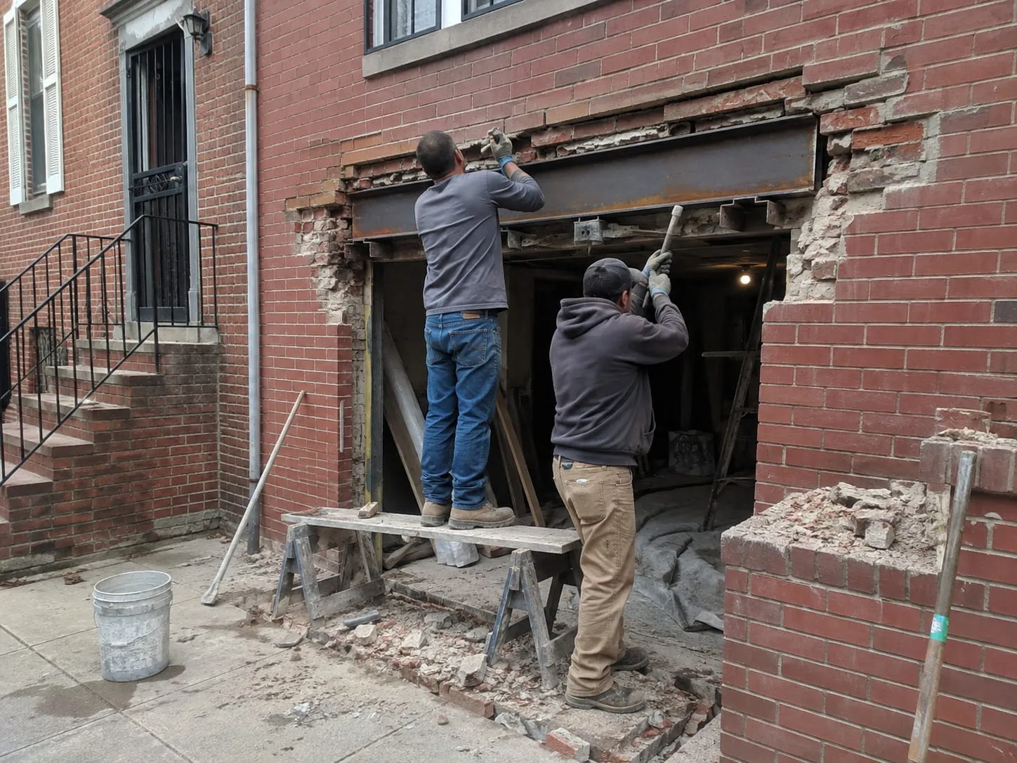 Masons installing a new steel lintel and rebuilding the brick above a wide opening on a Washington DC rowhouse