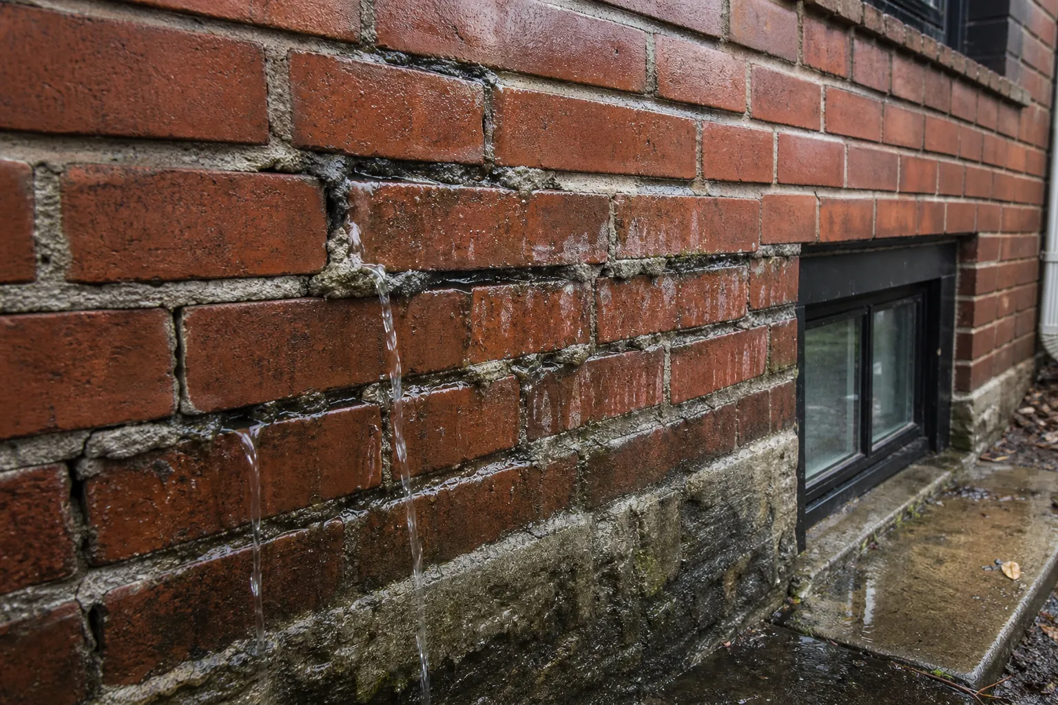Water leaking through failed mortar joints on a damp Washington DC brick foundation wall
