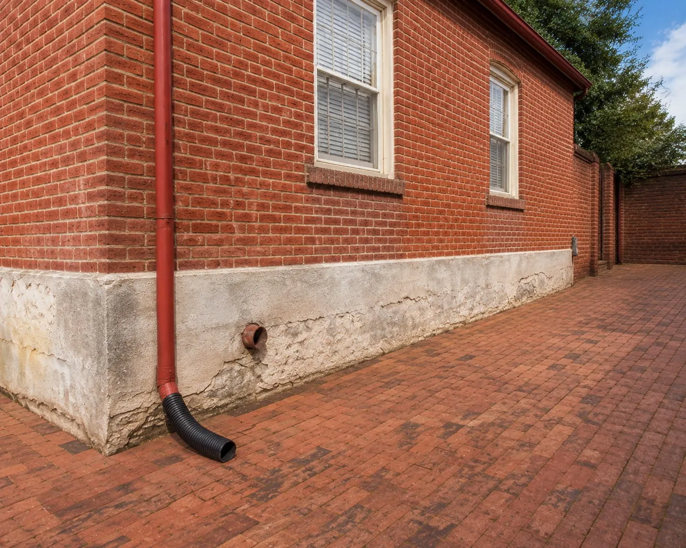 Restored red brick wall above a repaired parged foundation, with new downspout drainage over a brick paver court