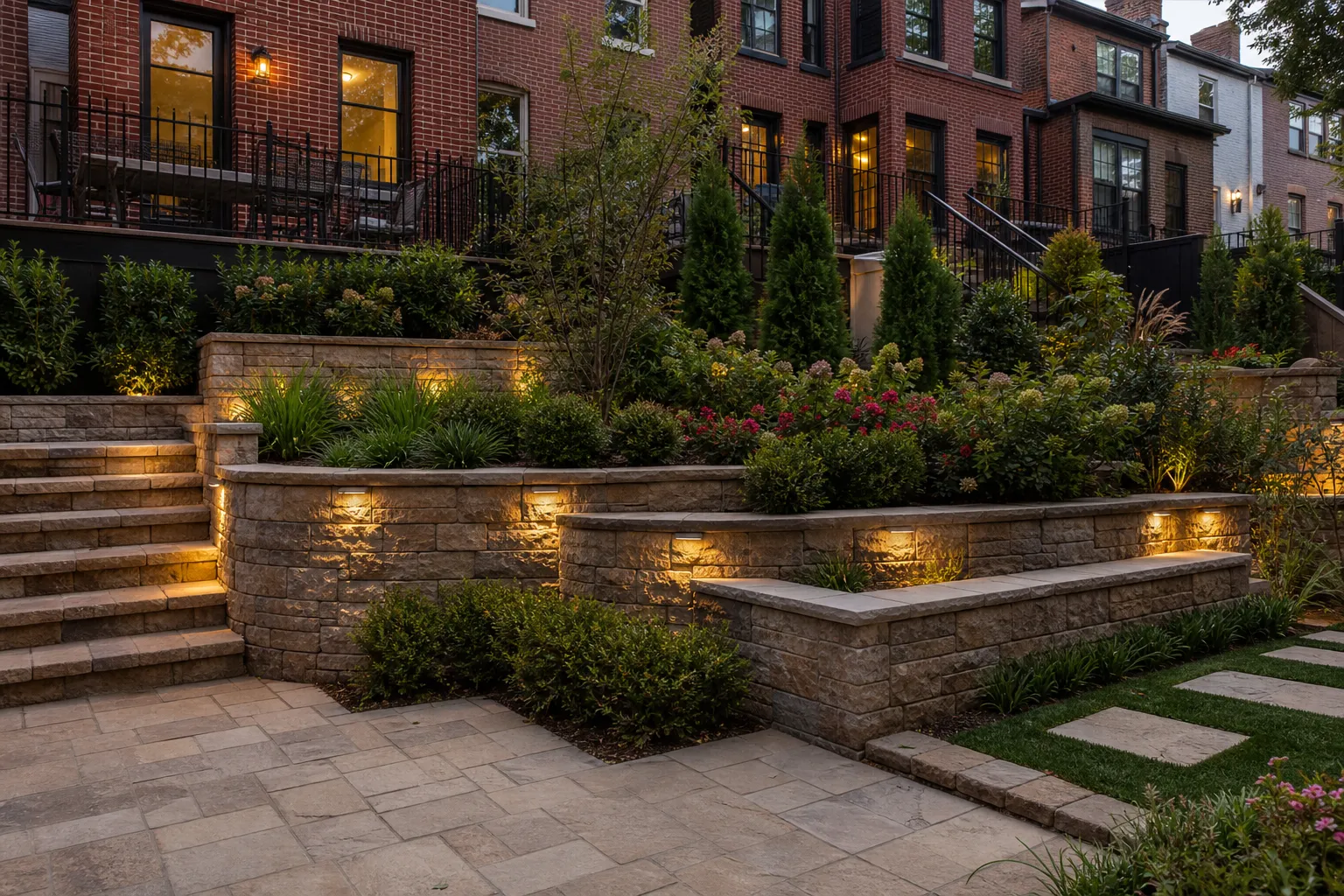 Finished stone retaining wall with landscaping at a Washington DC rowhouse garden