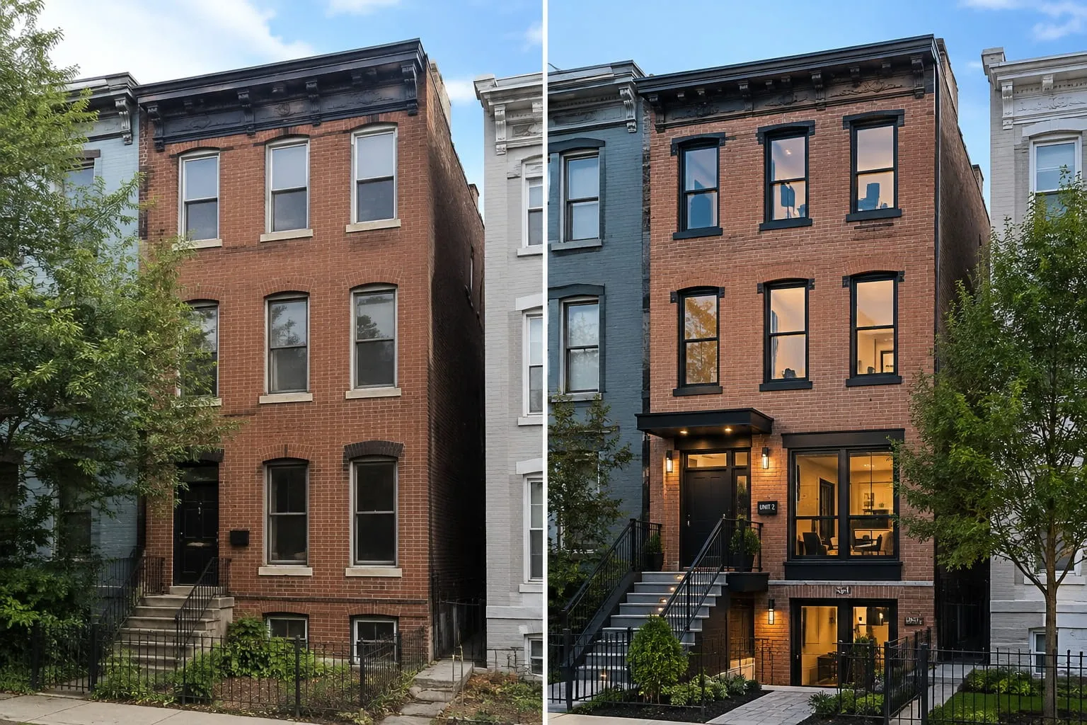 Washington DC rowhouse shown before and after a full exterior and structural renovation