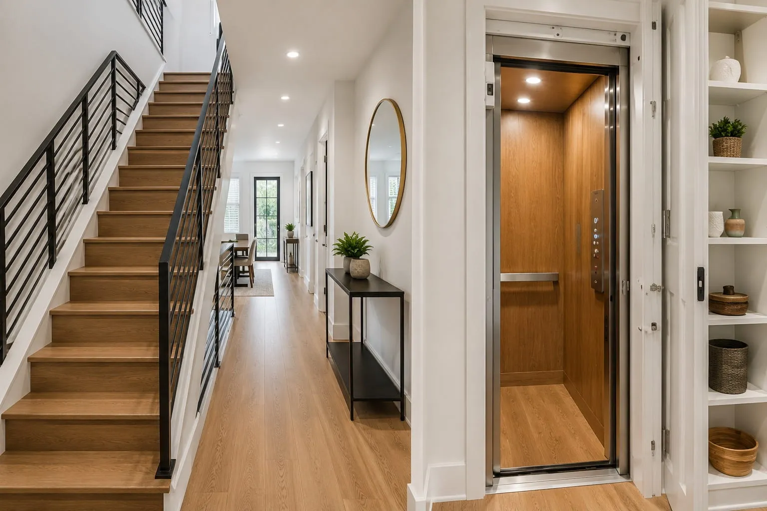 Converted rowhouse hallway with a new oak stair and a residential elevator serving the upper units